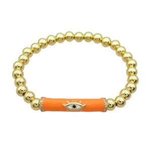 Copper Bracelet Orange Enamel Evil Eye Pave Zircon Stretchy Gold Plated, approx 7-30mm, 6mm [FR11162]