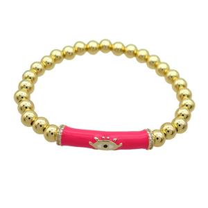 Copper Bracelet Red Enamel Evil Eye Pave Zircon Stretchy Gold Plated, approx 7-30mm, 6mm [FR11164]