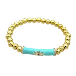 Copper Bracelet Green Enamel Evil Eye Pave Zircon Stretchy Gold Plated, approx 7-30mm, 6mm [FR11166]
