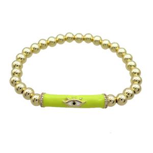 Copper Bracelet Yellow Enamel Evil Eye Pave Zircon Stretchy Gold Plated, approx 7-30mm, 6mm [FR11168]