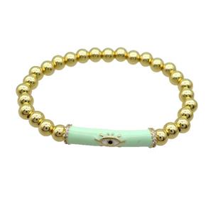 Copper Bracelet Green Enamel Evil Eye Pave Zircon Stretchy Gold Plated, approx 7-30mm, 6mm [FR11170]