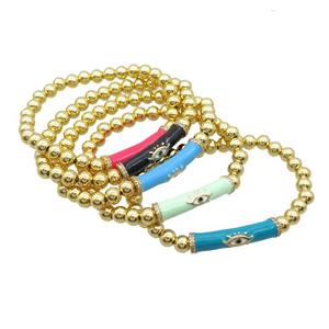 Copper Bracelet Enamel Evil Eye Pave Zircon Stretchy Gold Plated Mixed, approx 7-30mm, 6mm [FR11172]