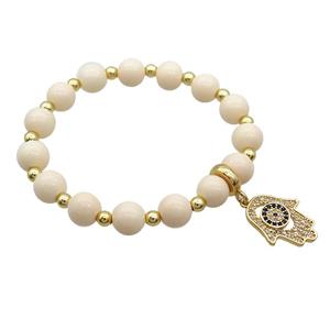 Beige Resin Bracelet Hamsahand Pave Zircon Stretchy, approx 15-17mm, 8mm [FR11180]