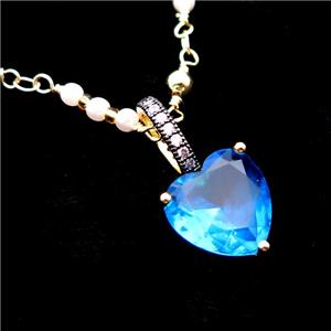 Copper Necklace Blue Heart Crystal Glass Pearlized Plastic Gold Plated, approx 13mm, 4mm, 45-50cm length [FR11197]