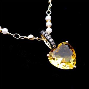 Copper Necklace Golden Heart Crystal Glass Pearlized Plastic Gold Plated, approx 13mm, 4mm, 45-50cm length [FR11198]
