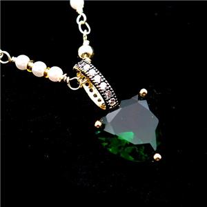 Copper Necklace Green Heart Crystal Glass Pearlized Plastic Gold Plated, approx 13mm, 4mm, 45-50cm length [FR11199]