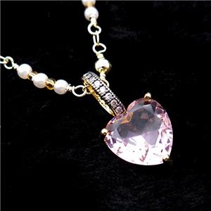 Copper Necklace Pink Heart Crystal Glass Pearlized Plastic Gold Plated, approx 13mm, 4mm, 45-50cm length [FR11200]