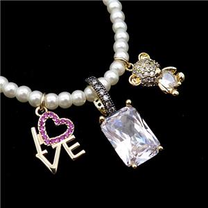 White Pearlized Plastic Necklace With LOVE Bear Crystal Glass, approx 10-14mm, 4mm, 40-45cm length [FR11202]