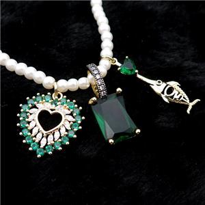 White Pearlized Plastic Necklace With Heart Fish Crystal Glass, approx 10-14mm, 20mm, 8-28mm, 4mm, 40-45cm length [FR11204]