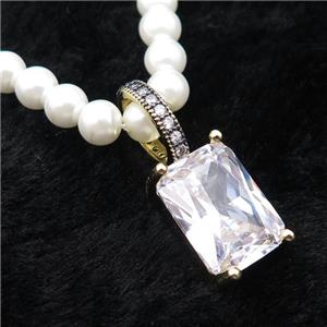 White Pearlized Plastic Necklace Pave Clear Crystal Glass Rectangle, approx 10-14mm, 5mm, 40-45cm length [FR11207]