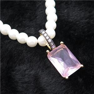 White Pearlized Plastic Necklace Pave Pink Crystal Glass Rectangle, approx 10-14mm, 5mm, 40-45cm length [FR11208]