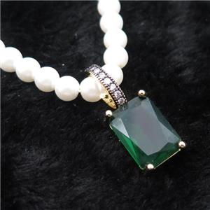 White Pearlized Plastic Necklace Pave Green Crystal Glass Rectangle, approx 10-14mm, 5mm, 40-45cm length [FR11209]