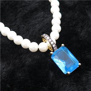 White Pearlized Plastic Necklace Pave Blue Crystal Glass Rectangle, approx 10-14mm, 5mm, 40-45cm length [FR11210]