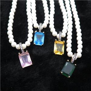 White Pearlized Plastic Necklace Pave Crystal Glass Rectangle Mixed, approx 10-14mm, 5mm, 40-45cm length [FR11212]