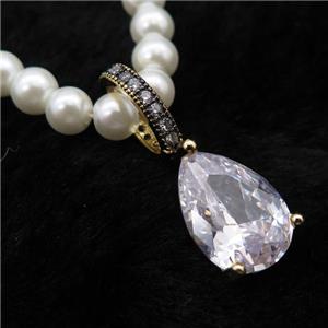 White Pearlized Plastic Necklace Pave Clear Crystal Glass Teardrop, approx 10-14mm, 5mm, 40-45cm length [FR11213]