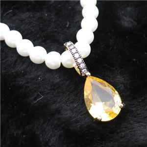 White Pearlized Plastic Necklace Pave Golden Crystal Glass Teardrop, approx 10-14mm, 5mm, 40-45cm length [FR11215]