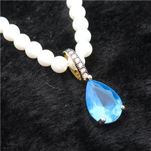 White Pearlized Plastic Necklace Pave Blue Crystal Glass Teardrop, approx 10-14mm, 5mm, 40-45cm length [FR11216]