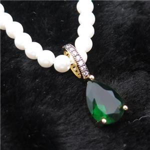 White Pearlized Plastic Necklace Pave Green Crystal Glass Teardrop, approx 10-14mm, 5mm, 40-45cm length [FR11217]
