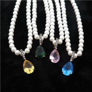 White Pearlized Plastic Necklace Pave Crystal Glass Teardrop Mixed, approx 10-14mm, 5mm, 40-45cm length [FR11218]