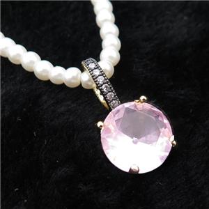 White Pearlized Plastic Necklace Pave Pink Crystal Glass Circle, approx 13mm, 4mm, 45-50cm length [FR11221]