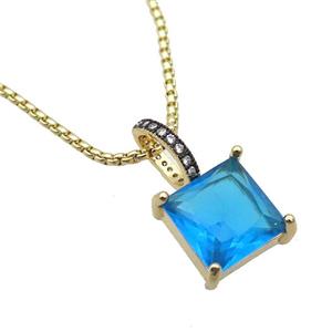 Copper Necklace With Blue Crystal Glass Square Gold Plated, approx 13mm, 2mm, 45-50cm length [FR11231]