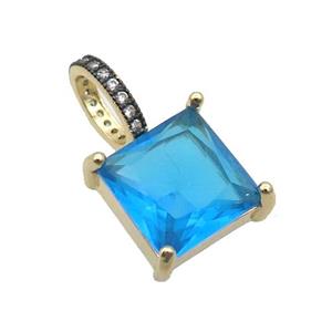 Copper Pendant Pave Blue Crystal Glass Square Gold Plated, approx 13mm [FR11235]