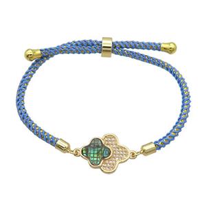 Blue Nylon Bracelet Copper Clover Pave Zircon Adjustable Gold Plated, approx 15-19mm, 3mm [FR11238]