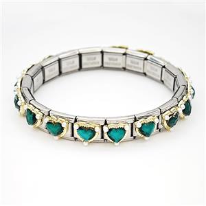 Stainless Steel Module Bracelet Heart Pave Green Crystal Glass, approx 9mm, 17cm length [FR11502]