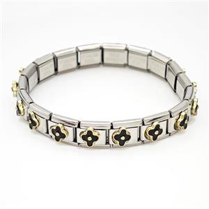 Stainless Steel Module Bracelet Clover Black Enamel, approx 9mm, 17cm length [FR11508]