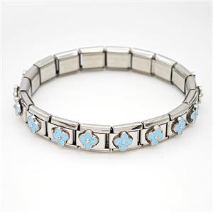 Stainless Steel Module Bracelet Clover Blue Enamel, approx 9mm, 17cm length [FR11510]
