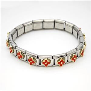 Stainless Steel Module Bracelet Clover Red Enamel, approx 9mm, 17cm length [FR11511]