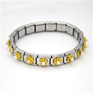 Stainless Steel Module Bracelet Flower Pave Pearlized Resin, approx 9mm, 17cm length [FR11554]
