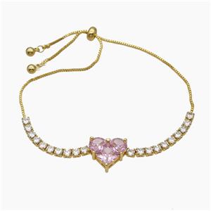 Copper Bracelet Pave Crystal Glass Heart Adjustable Gold Plated, approx 13-14mm, 3mm, 24cm length [FR11615]