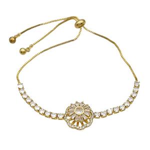 Copper Bracelet Pave Crystal Glass Daisy Flower Adjustable Gold Plated, approx 12mm, 15mm, 3mm, 24cm length [FR11620]