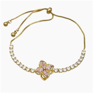 Copper Bracelet Pave Crystal Glass Clover Adjustable Gold Plated, approx 16mm, 3mm, 24cm length [FR11621]
