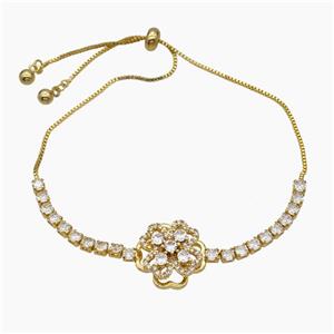 Copper Bracelet Pave Crystal Glass Clover Adjustable Gold Plated, approx 15mm, 3mm, 24cm length [FR11622]