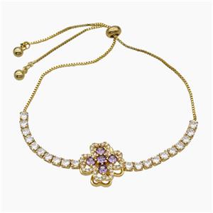 Copper Bracelet Pave Crystal Glass Clover Adjustable Gold Plated, approx 15mm, 3mm, 24cm length [FR11623]