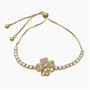 Copper Bracelet Pave Crystal Glass Clover Adjustable Gold Plated, approx 15mm, 3mm, 24cm length [FR11624]