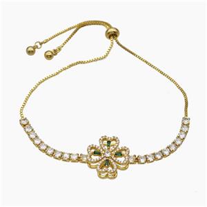 Copper Bracelet Pave Crystal Glass Clover Adjustable Gold Plated, approx 15mm, 3mm, 24cm length [FR11625]