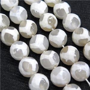 faceted round white Tibetan Agate Beads, football, approx 10mm dia [GA1739-10MM]