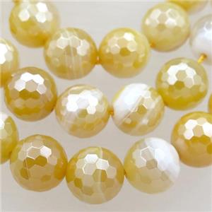 yellow striped Agate Beads, faceted round, light electroplated, approx 8mm dia [GA1897-8MM]