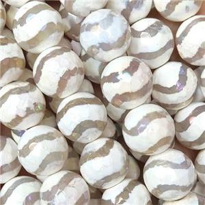 faceted round Tibetan Agate beads, white, wave, AB color electroplated, approx 12mm dia [GA1902-12MM]