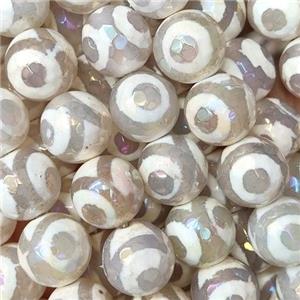 faceted round Tibetan Agate beads, white, eye, AB color electroplated, approx 8mm dia [GA1903-8MM]