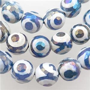 faceted round Tibetan Agate beads, blue, eye, AB color electroplated, approx 12mm dia [GA1905-12MM]