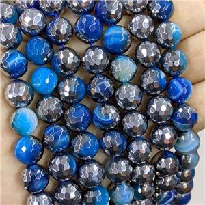 blue striped Agate Beads, half silver electroplated, approx 10mm dia [GA1959-10MM]