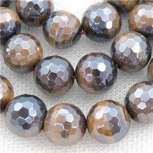 natural Tiger eye stone Beads, faceted round, light electroplated, approx 10mm dia [GA1969-10MM]