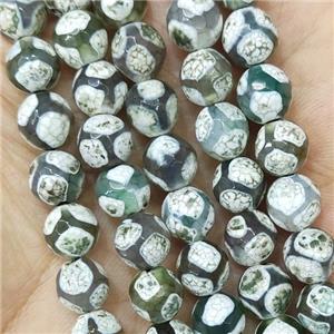 green Tibetan Agate Beads football faceted round, approx 8mm dia [GA2284]