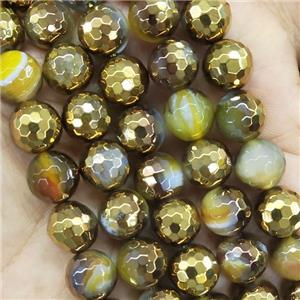 Yellow Stripe Agate Beads Faceted Round Half Gold Plated, approx 10mm dia [GA2303]