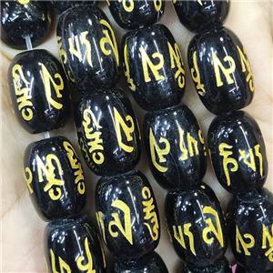 Black Agate Buddhist Beads Barrel Dye Om Mani Padme Hum, approx 13-18mm [GA2389]