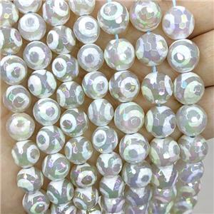 White Tibetan Agate Beads Evil Eye Faceted Round AB-Color Electroplated, approx 12mm dia [GA2704-12MM]